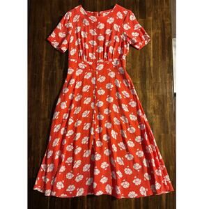 Boden Red Midi Dress with White Floral Print